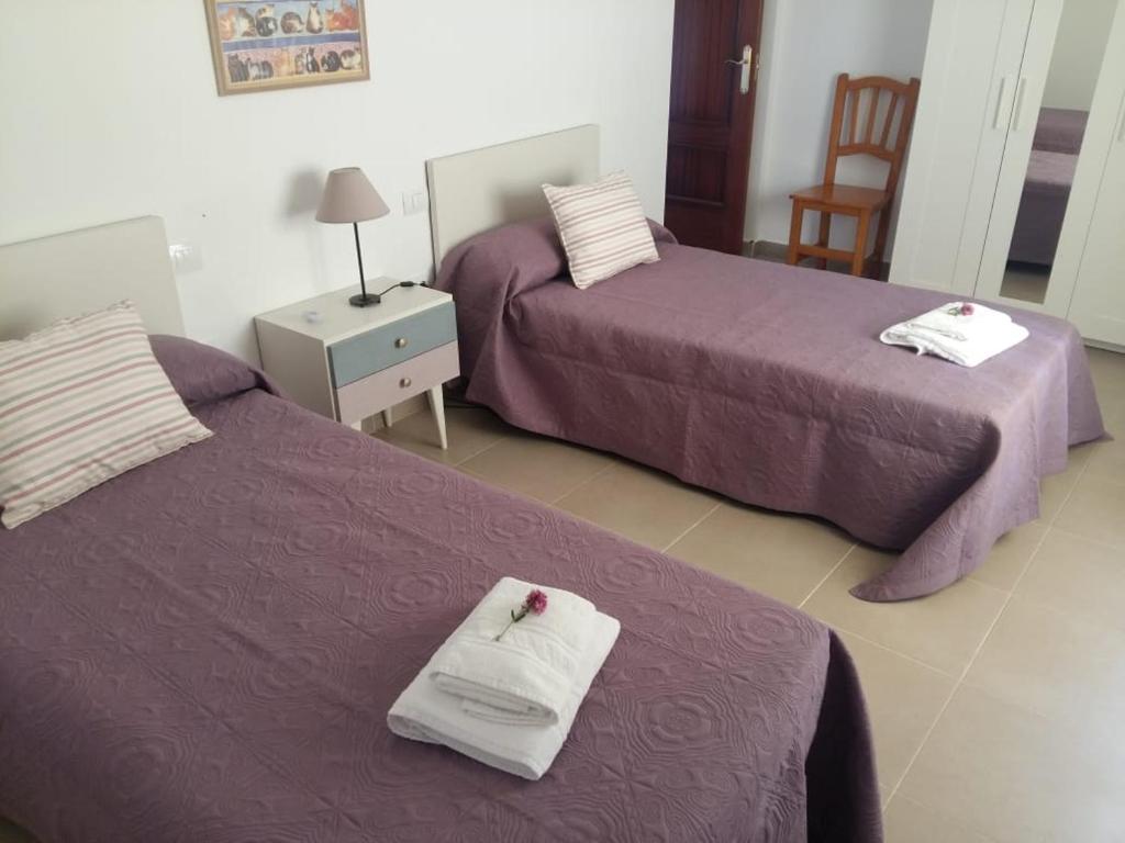 two beds in a hotel room with towels on them at Vivienda vacacional La Graja in Santa Cruz de la Palma