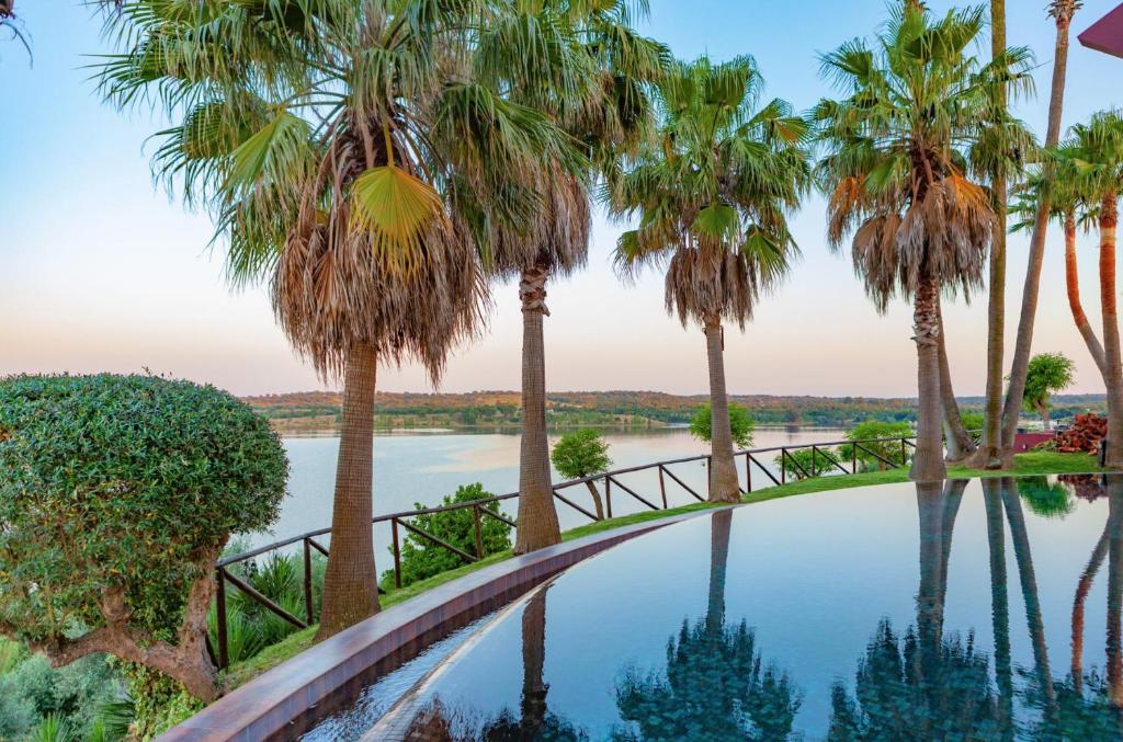 a pool with palm trees in front of a lake at Montargil Monte Novo in Montargil