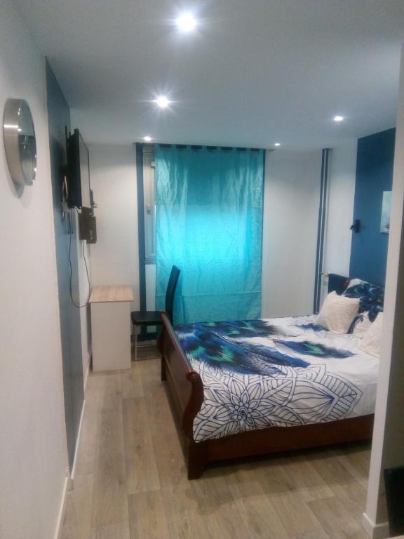 ein Schlafzimmer mit einem Bett mit einem blauen Vorhang in der Unterkunft Studio 28m² au pied de la défense in Courbevoie