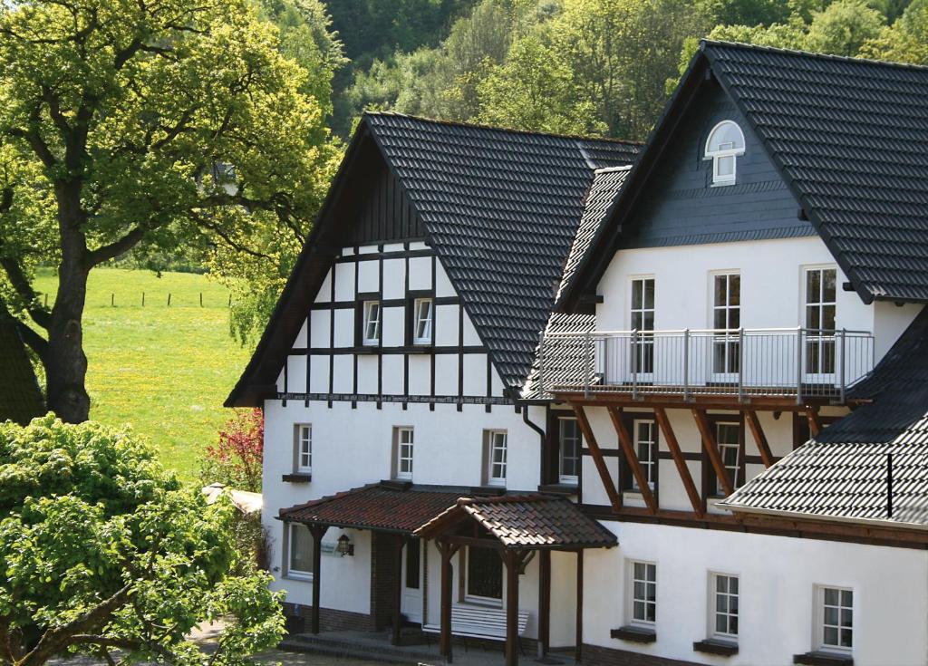 a white building with black roofs and a field at Haus Berghoff in Sundern