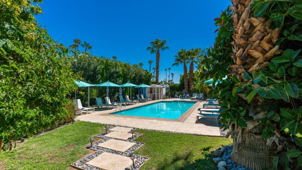 una piscina en un complejo con sillas y palmeras en BelleVue Oasis - Adults Only, en Palm Springs