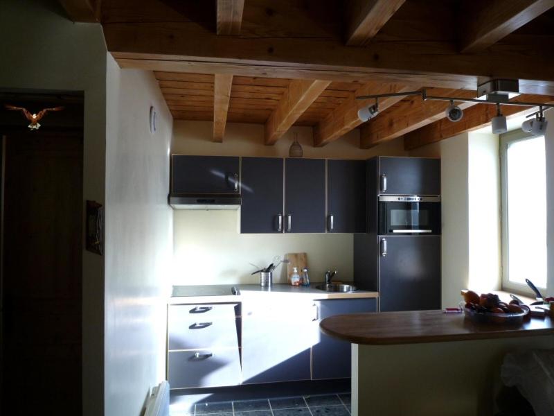 a kitchen with a black refrigerator and a counter at LES CHALETS D'AURE. in Aragnouet