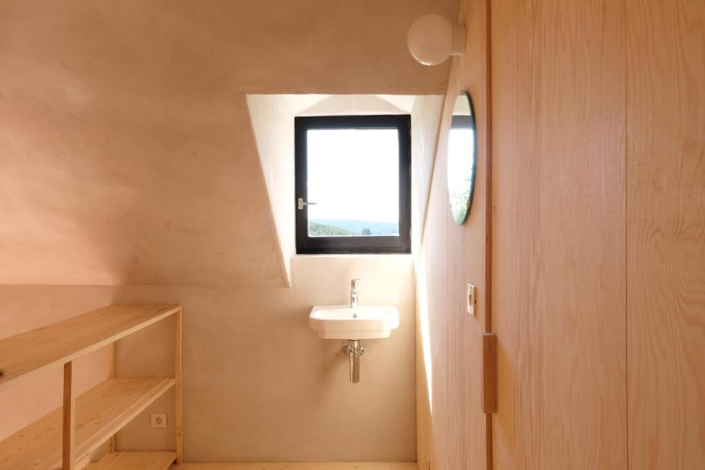 a small bathroom with a sink and a window at Chalet d'Orti in Sainte-Ode
