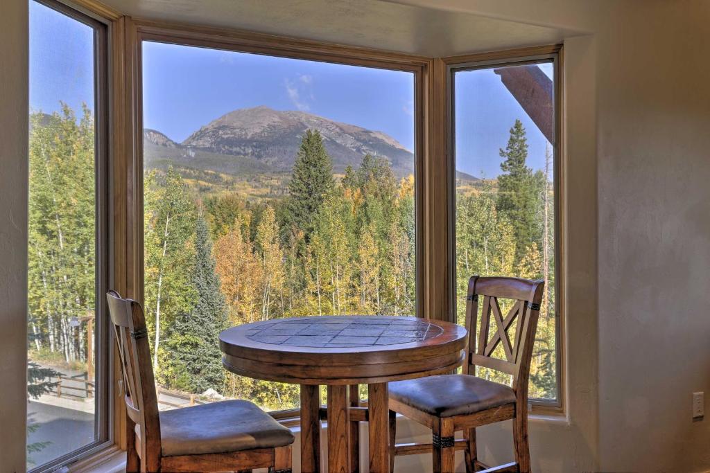 フリスコにあるLarge Deck and Stunning Views Mtn Condo in Frisco!の大きな窓のある部屋で、テーブルと椅子2脚が備わります。