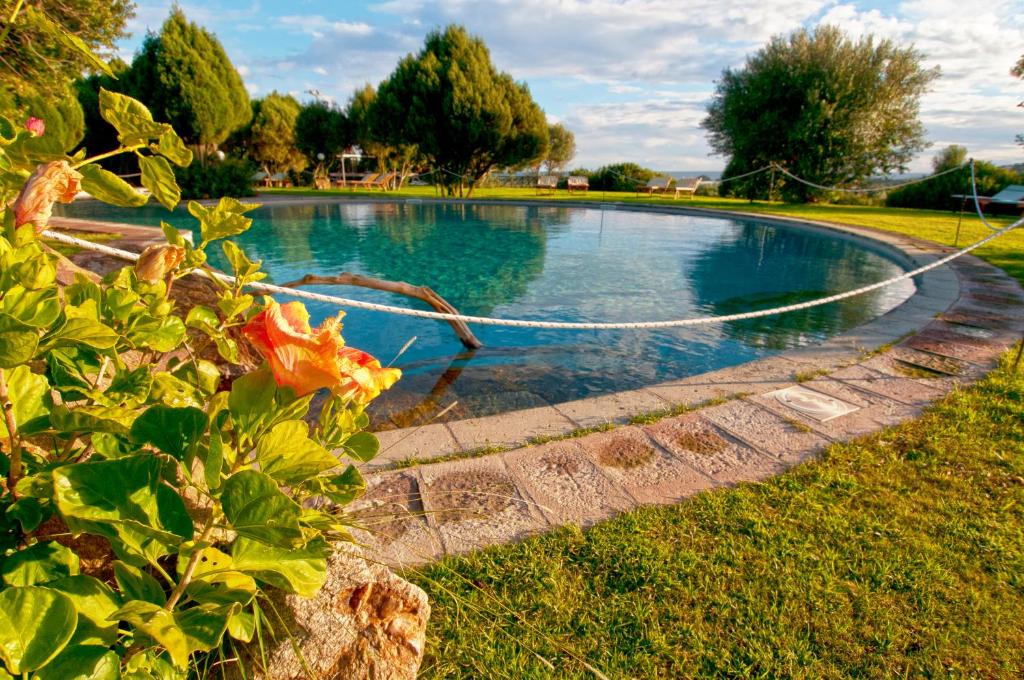 a swimming pool with a hose in the grass at Hotel Spartivento in Chia