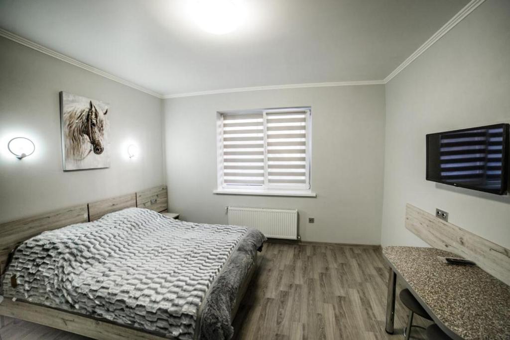 Schlafzimmer mit einem Bett, einem TV und einem Fenster in der Unterkunft Veronika in Poljana