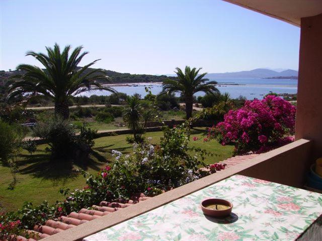 a balcony with a table with a view of a garden at Residence Porto Coda Cavallo in San Teodoro