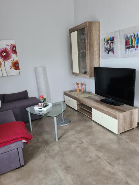 a living room with a television and a table at Ferienwohnung "Zum Köpfel"- Wiesenthal in der Rhön in Wiesenthal