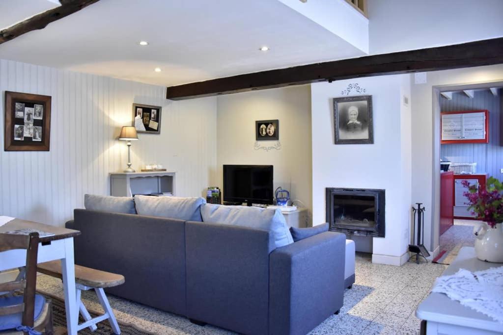 sala de estar con sofá azul y chimenea en La longère de Crisolles en Crisolles
