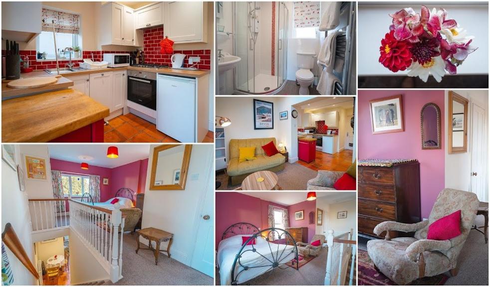 a collage of pictures of a kitchen and a living room at The Annexe at Clarendon in Bovey Tracey