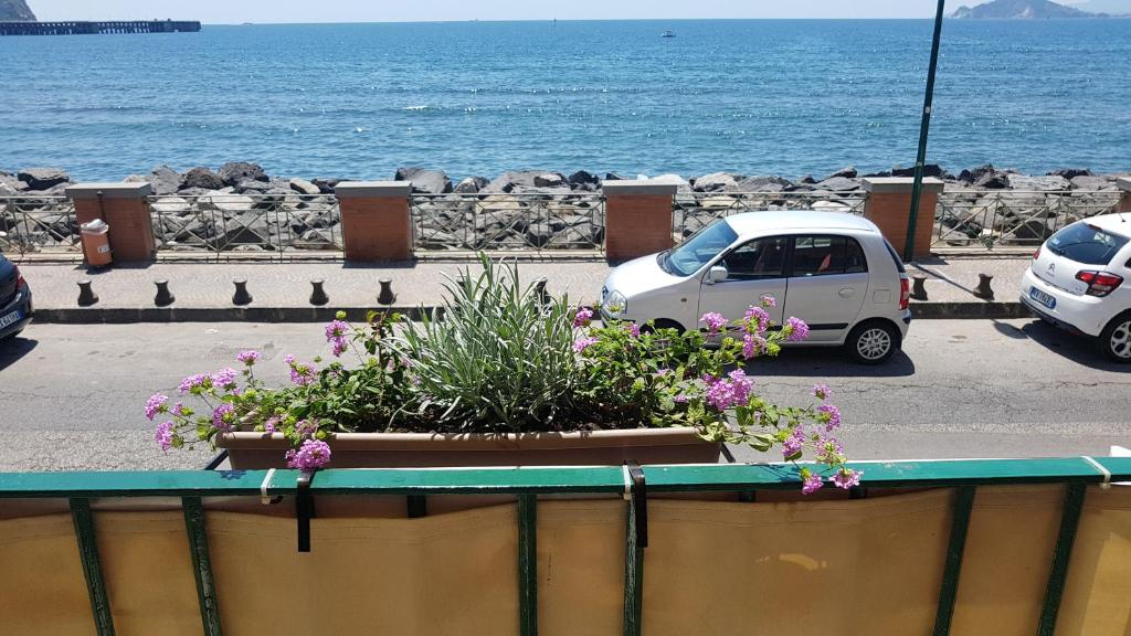 une voiture blanche garée à côté de l'eau avec des fleurs dans l'établissement HOTEL TAROMY, à Naples