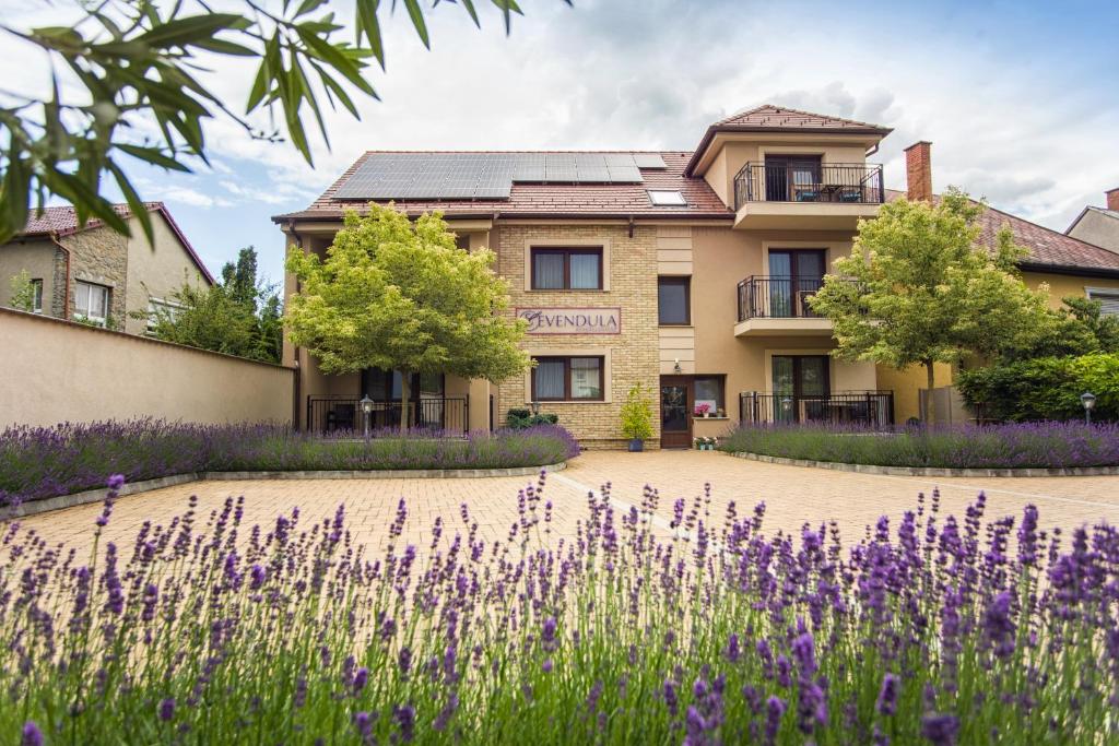 een huis met paarse bloemen ervoor bij Levendula Apartmanház in Sárvár