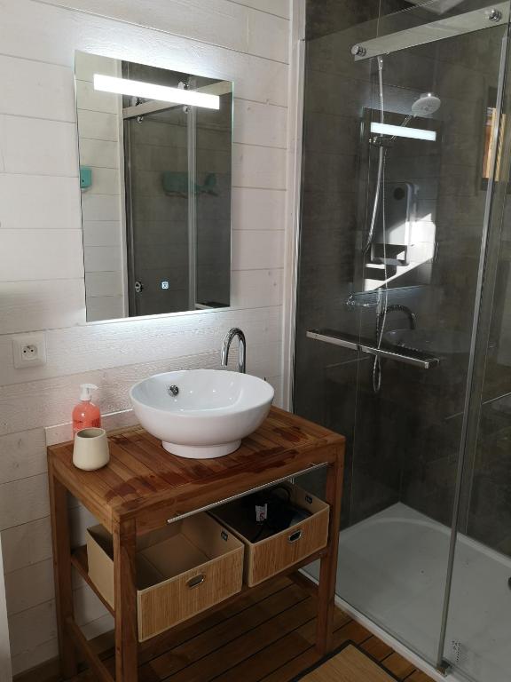 a bathroom with a sink and a shower at la cabane vensac ocean montalivet in Vensac
