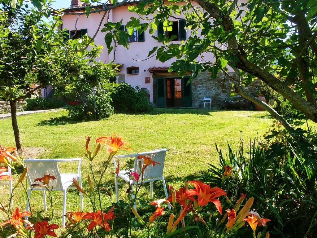 dos sillas en el césped frente a una casa en Agriturismo Botro, en Pulicciano