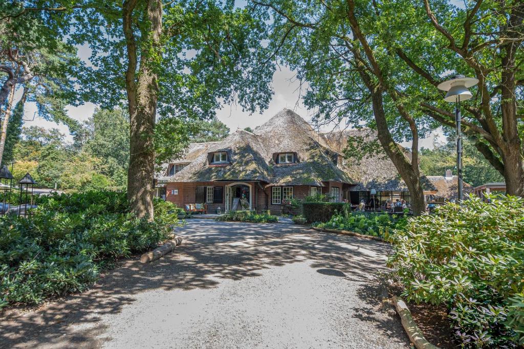 une grande maison avec une allée bordée d'arbres dans l'établissement Restaurant & Hotel Hoog Holten, à Holten