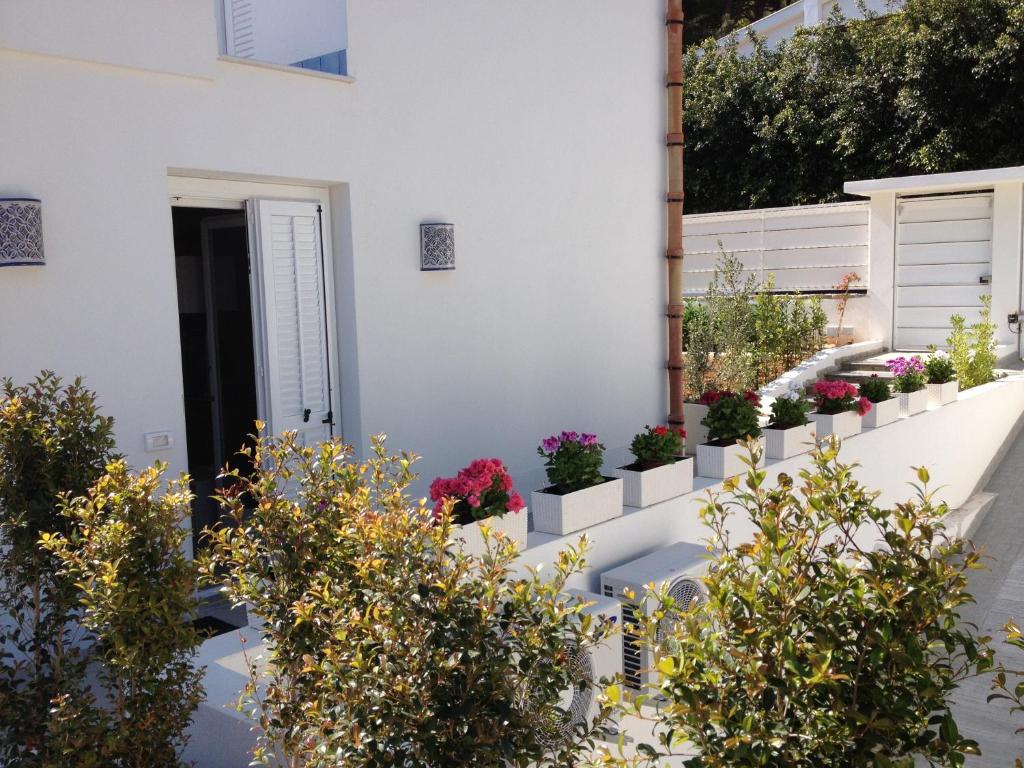 ein weißes Haus mit Topfpflanzen auf der Treppe in der Unterkunft Mondello Suites Feels Like Home in Mondello