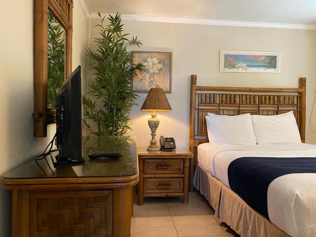 a bedroom with a bed and a television on a table at Casitas Coral Ridge in Fort Lauderdale