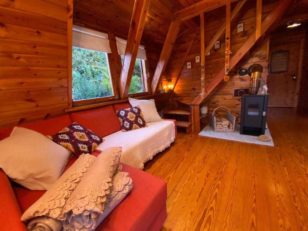 una sala de estar con sofá y chimenea en una cabaña en Chalet Alma, en Frabosa Sottana
