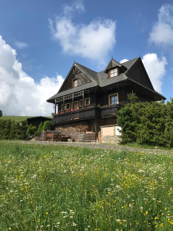 a large wooden house with a field of flowers at Villa Zdiar 681 in Ždiar