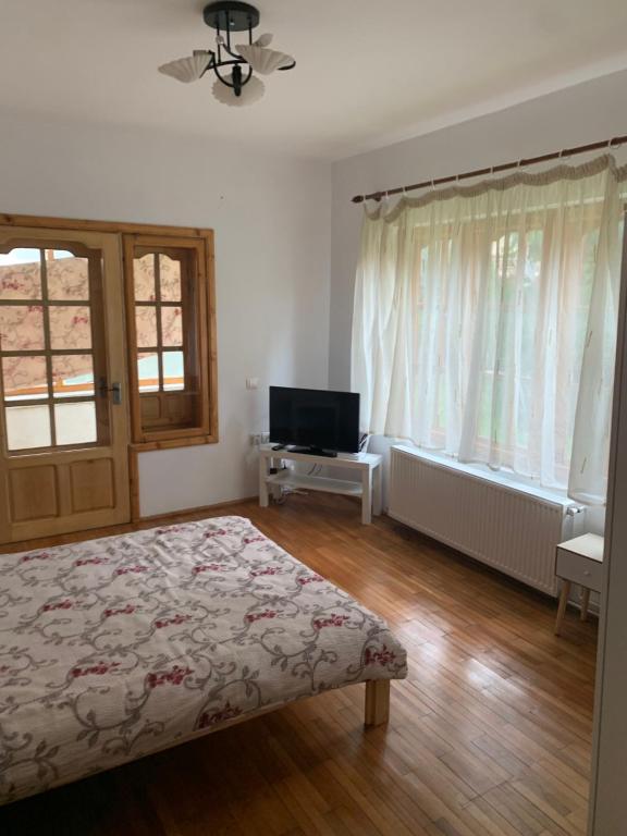 a bedroom with a bed and a television in it at Vila Busteni DORA, locatie superba strada Grivitei 36 in Buşteni