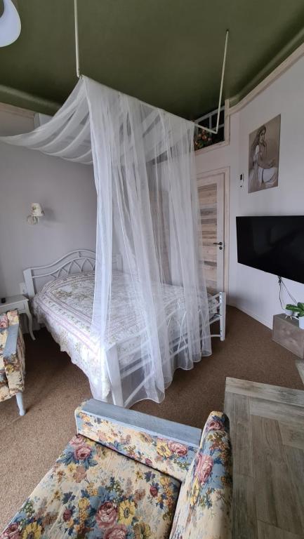 a bedroom with a bed with a mosquito net at DP Art Residence - self check in in Kaunas