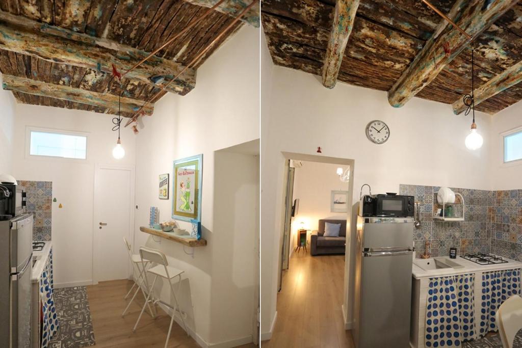 deux images d'une cuisine et d'un salon dans l'établissement Titti e Nonna, à Naples