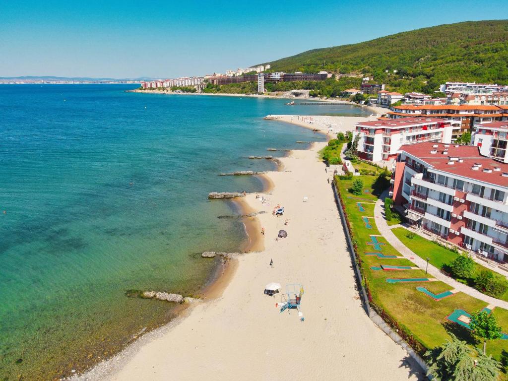 an aerial view of a beach and the ocean at Privillege Fort Noks Beach Apartments in Elenite