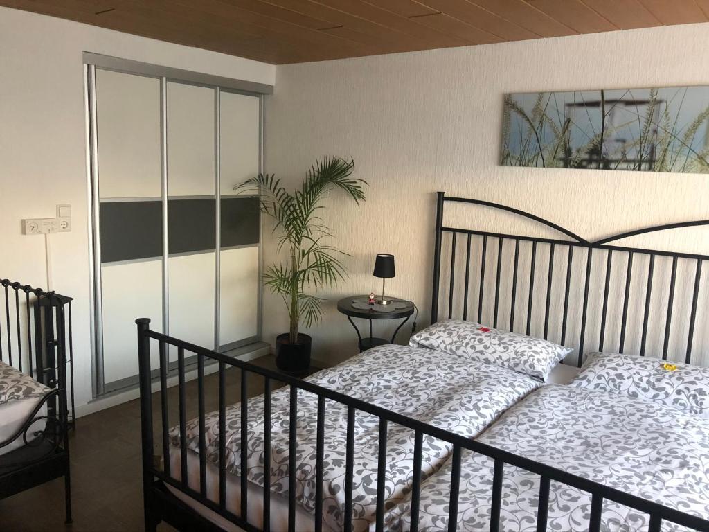 1 dormitorio con cama y planta en Apartment Andy & Gabi, en Neuhausen auf den Fildern