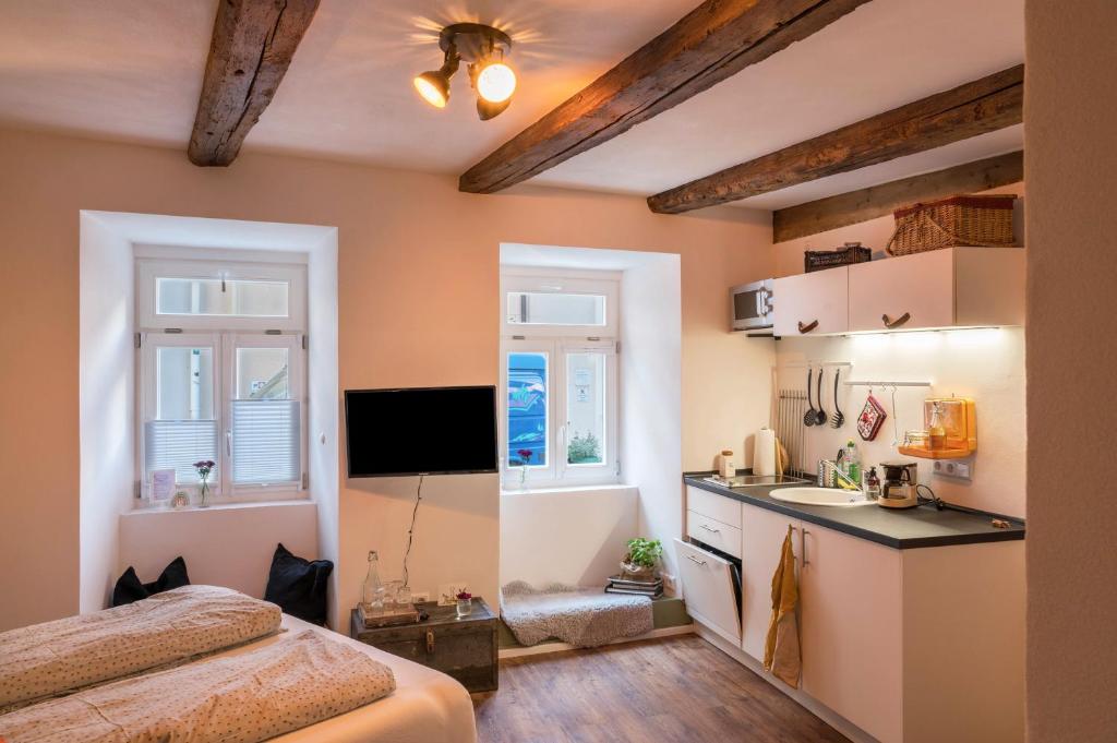 ein Schlafzimmer mit einem Bett und eine Küche mit einem Waschbecken in der Unterkunft Fewo Sankt Johann I in Konstanz