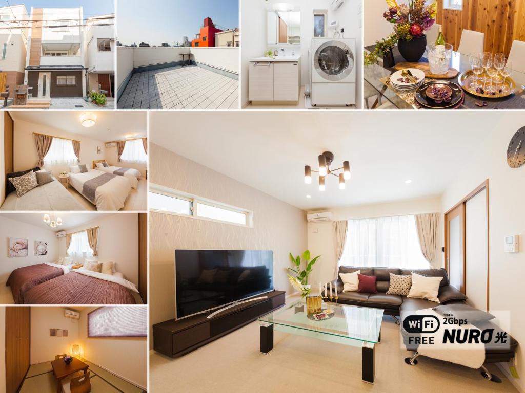 eine Collage mit Fotos von einem Wohnzimmer und einem Wohnzimmer in der Unterkunft Prestige Suites Osaka Kishinosato-Tamade in Osaka