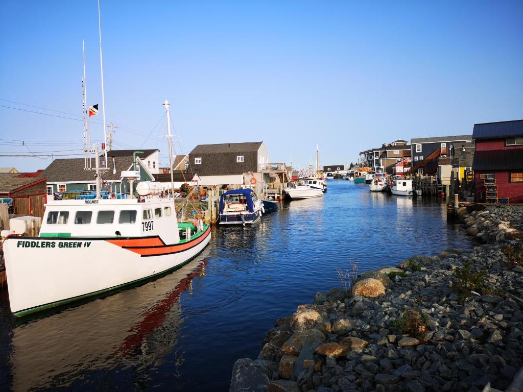 a group of boats are docked in a harbor at The Inn at Fisherman's cove in Halifax