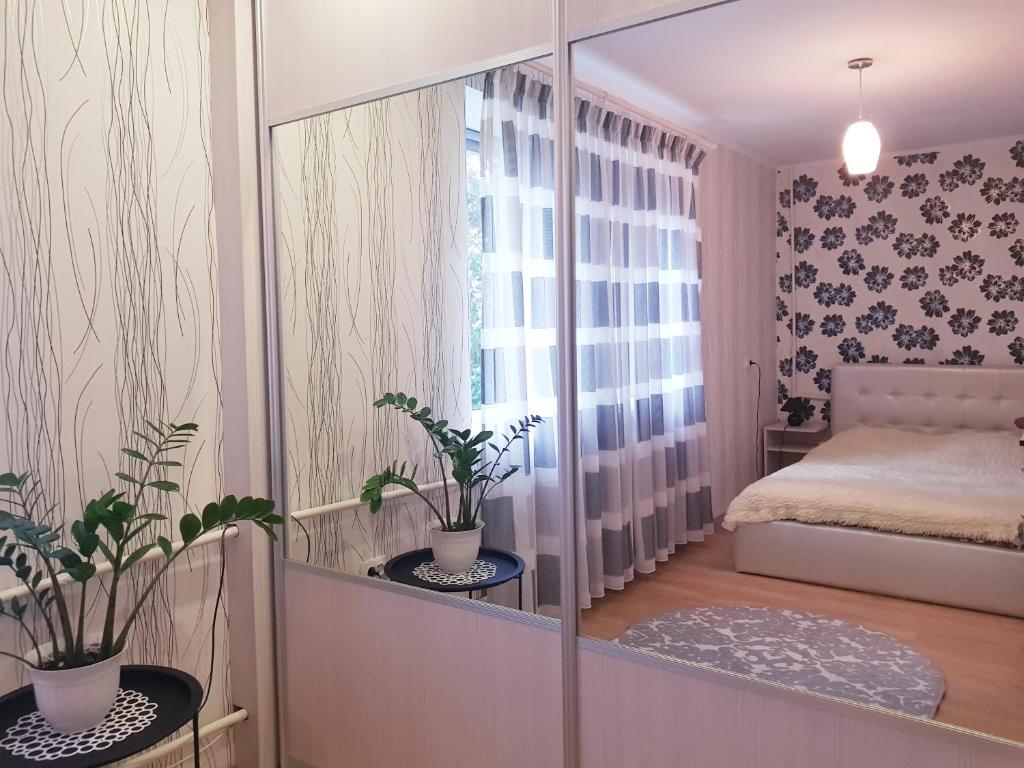 a bedroom with a bed and a mirror at Apartment on Zoe Kosmodemyanskoy in Pinsk
