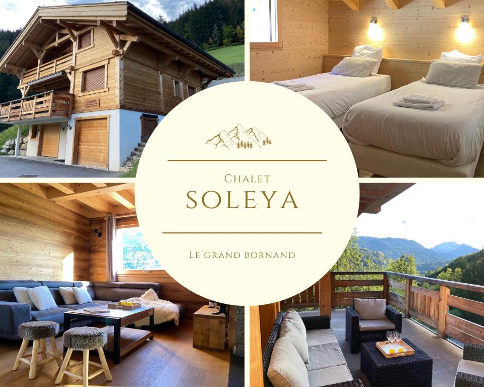 uma colagem de fotos de um quarto de hotel com uma montanha em Chalet Soleya em Le Grand-Bornand