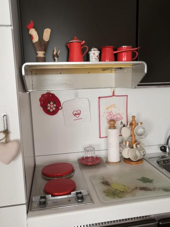 miniaturowa kuchnia z czerwonymi naczyniami i zlewem w obiekcie Monolocale sulle piste w mieście Pila