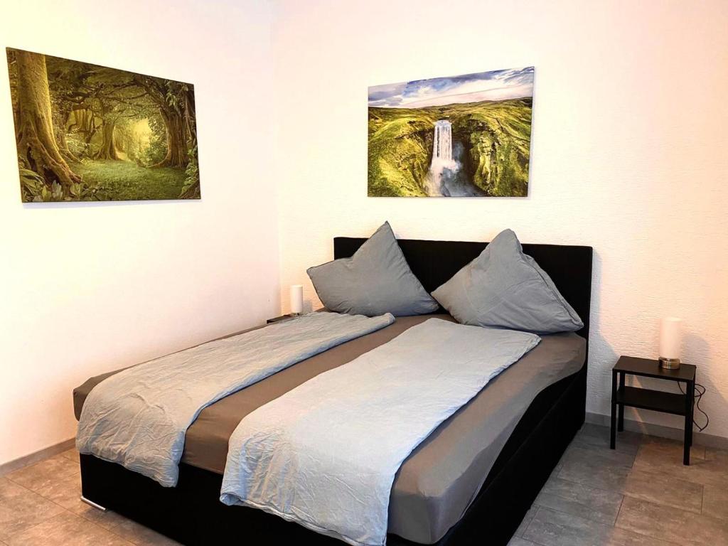 Bett in einem Zimmer mit zwei Gemälden an der Wand in der Unterkunft City Apartment Jimmy in Neunkirchen