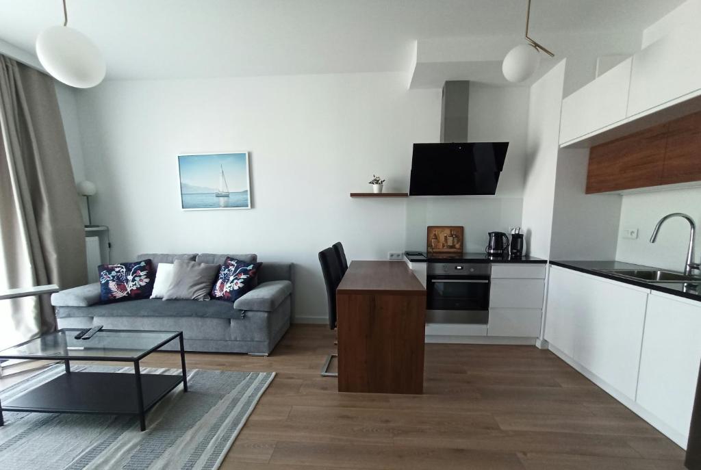 ein kleines Wohnzimmer mit einem Sofa und einer Küche in der Unterkunft Cozy Apartment in Wilanów in Warschau