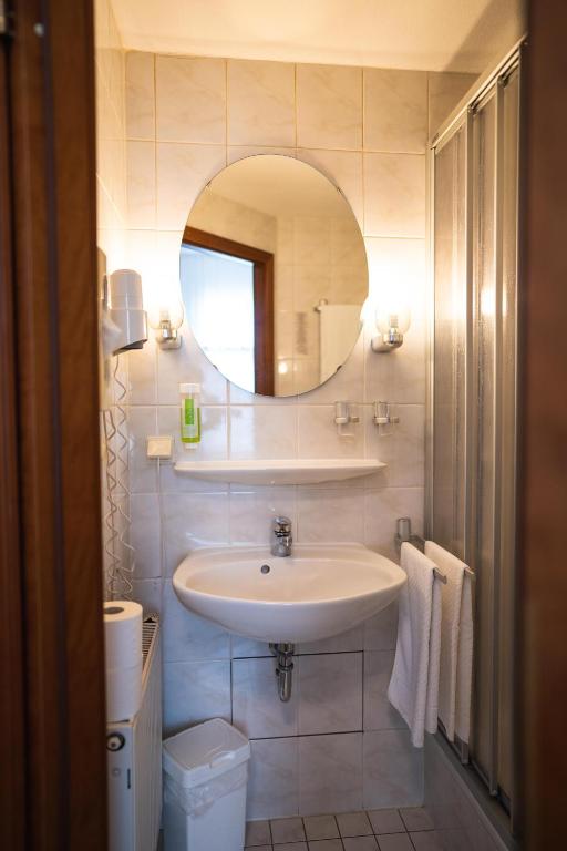 a bathroom with a sink and a mirror at Pension am Heusteig in Stuttgart