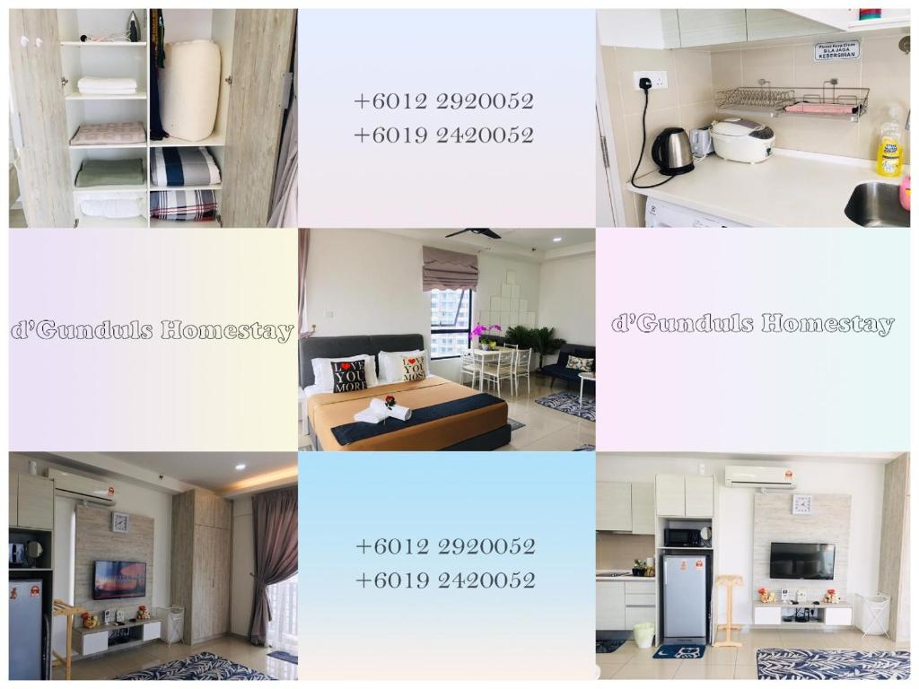 a collage of photos of a kitchen and a living room at D'Gunduls Homestay STUDIO by DGH I-CITY in Shah Alam