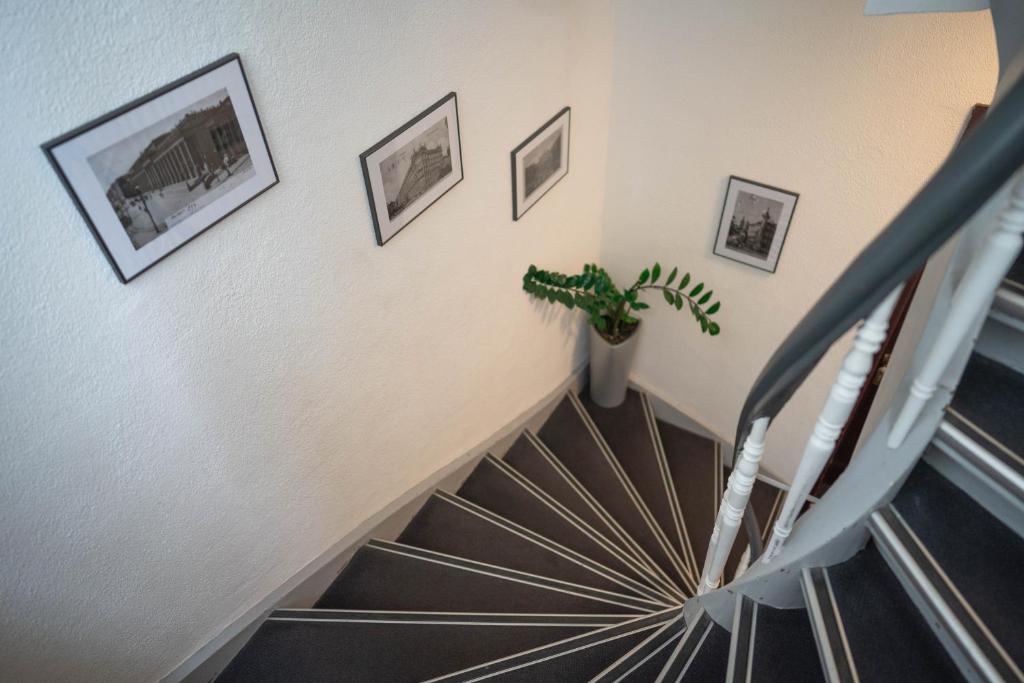 a staircase with a plant and pictures on the wall at Pension am Heusteig in Stuttgart
