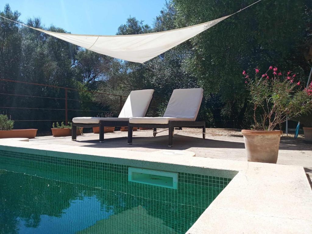 a swimming pool with two lounge chairs and a hammock next to a swimming pool at Finca Cas Canar in Sencelles