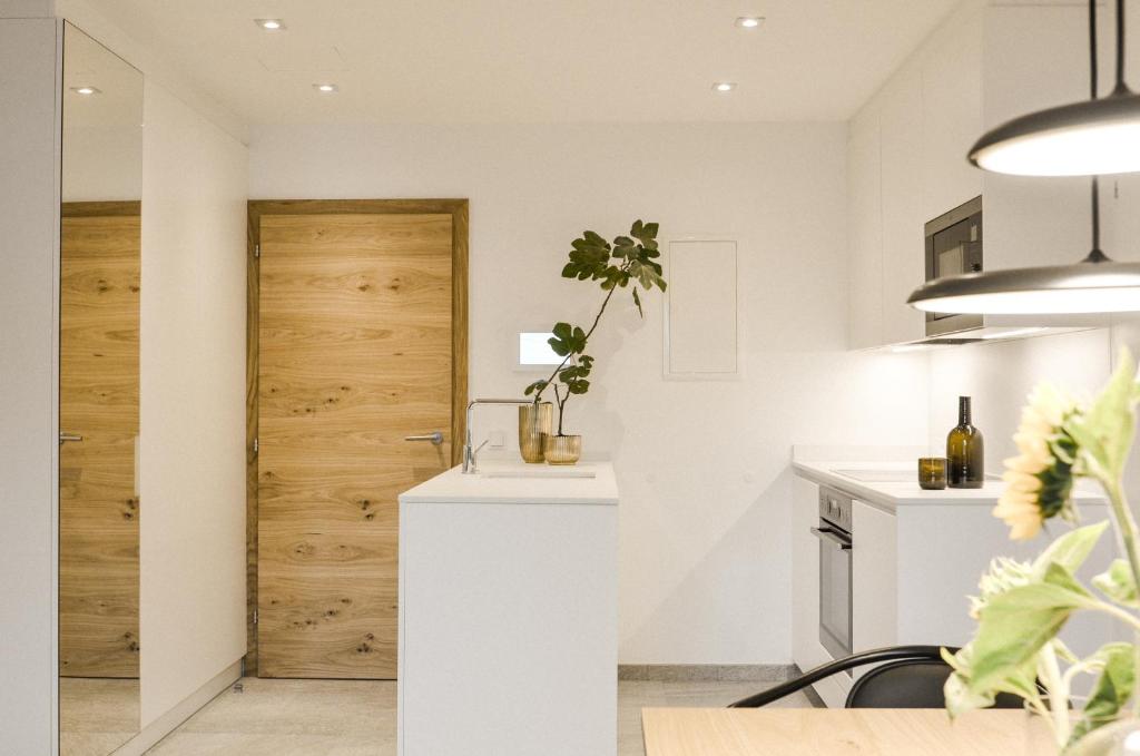 エーベン・イム・ポンガウにあるride & relax Aparthotel Schwarzの白い壁と木製のドアが備わるキッチン