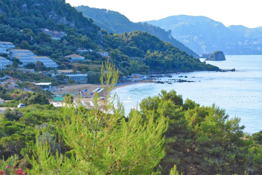 Blick auf einen Strand mit Bäumen und das Meer in der Unterkunft Corfu Resorts Villas in Pelekas