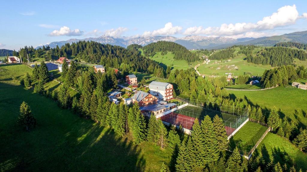 an aerial view of a house on a hill with trees at Resort EuroPark Fundata in Fundata