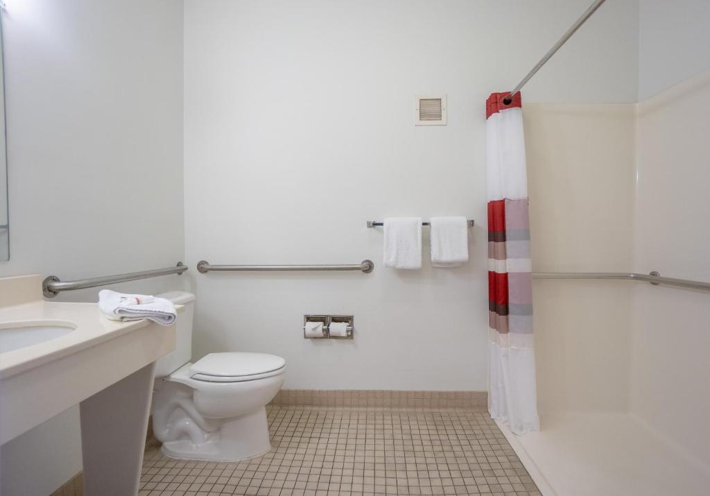 a bathroom with a toilet and a sink and a shower at Red Roof Inn & Suites Indianapolis Airport in Indianapolis