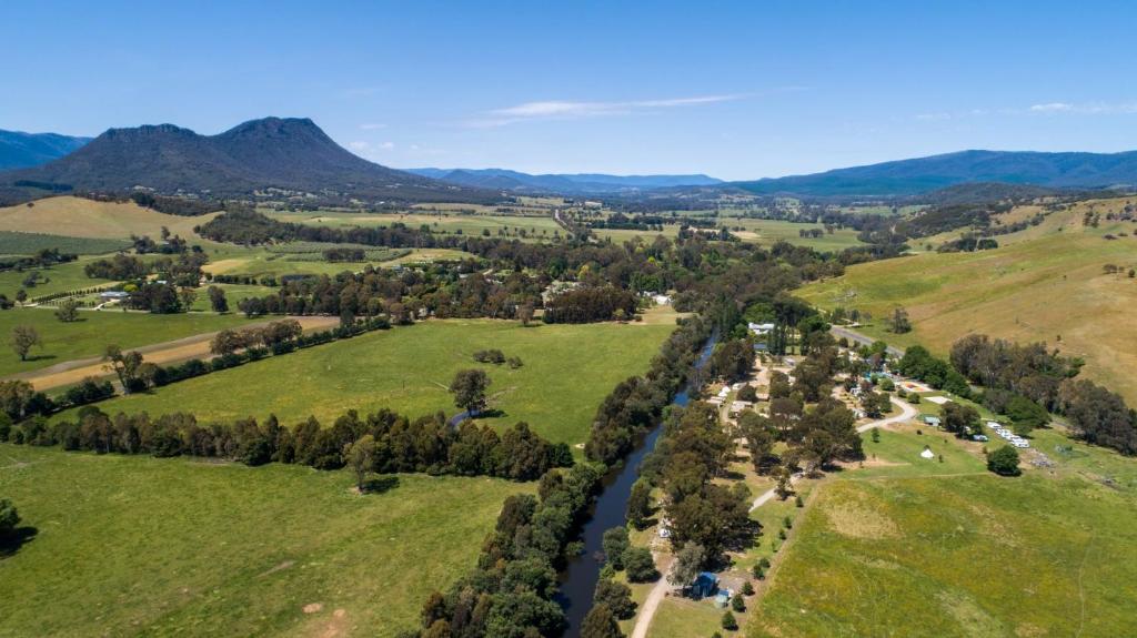 an aerial view of a valley with a river at BIG4 Taggerty Holiday Park in Taggerty