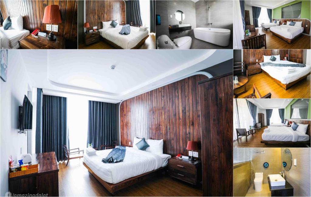 een collage van drie foto's van een hotelkamer bij Đà Lạt Mega Sky Hotel in Da Lat