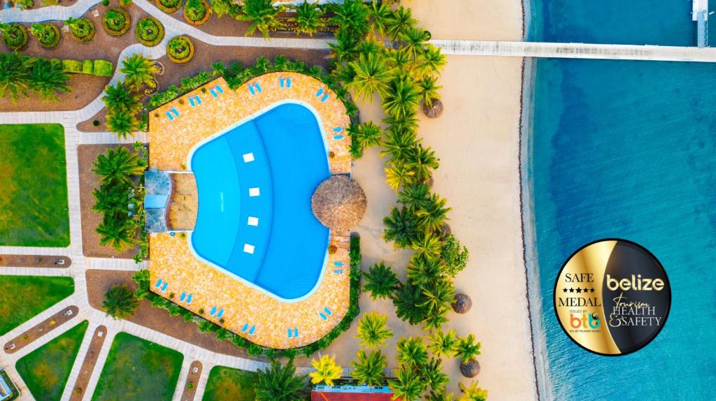 una vista aérea de la piscina en el complejo Excelence punta cana en The Placencia, en Maya Beach