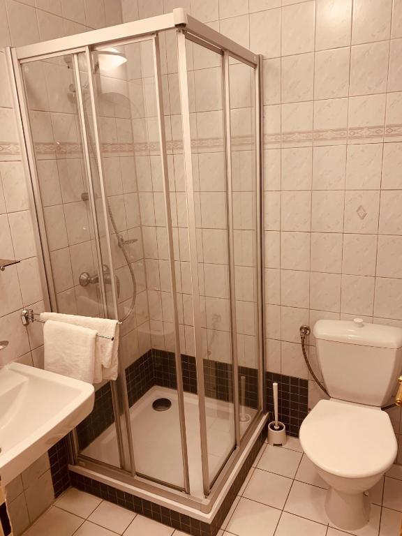 een badkamer met een douche, een toilet en een wastafel bij Orlík Rejvíz in Rejvíz
