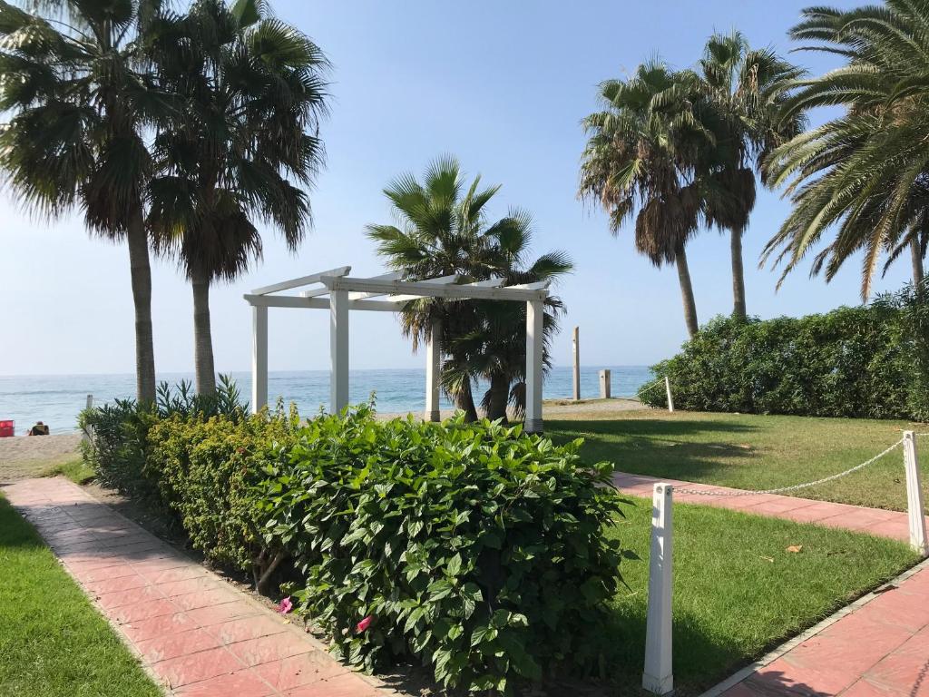 un parc avec des palmiers et l'océan en arrière-plan dans l'établissement Rio Marina apartment, à Nerja