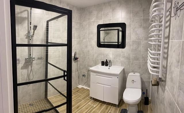 a bathroom with a toilet and a glass shower at Babylon Apartments on Era 2 in Rivne